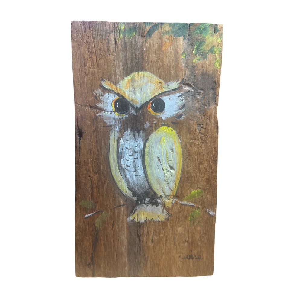 Vintage Hand Painted Owl on Rustic Reclaimed Wood Slab Wall Art Signed Loise 10"